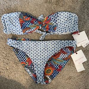 NWT Red Carter Printed Tie Bandeau Top and Reversible Bikini Bottoms Size Small